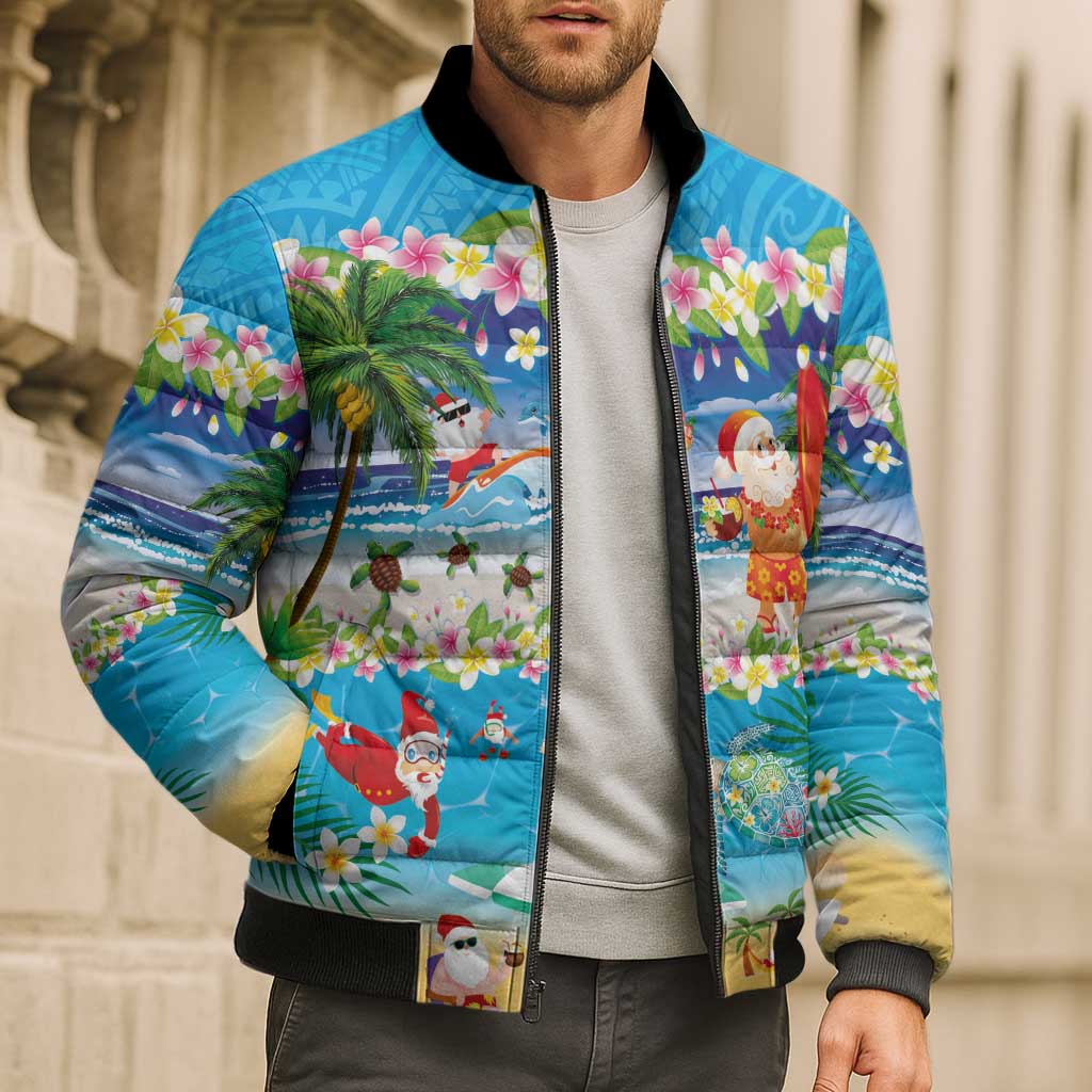 Polynesian Merry Christmas Bomber Puffer Jacket Funny Santa Beach Tropical Plant and Turtle LT03 - Polynesian Pride