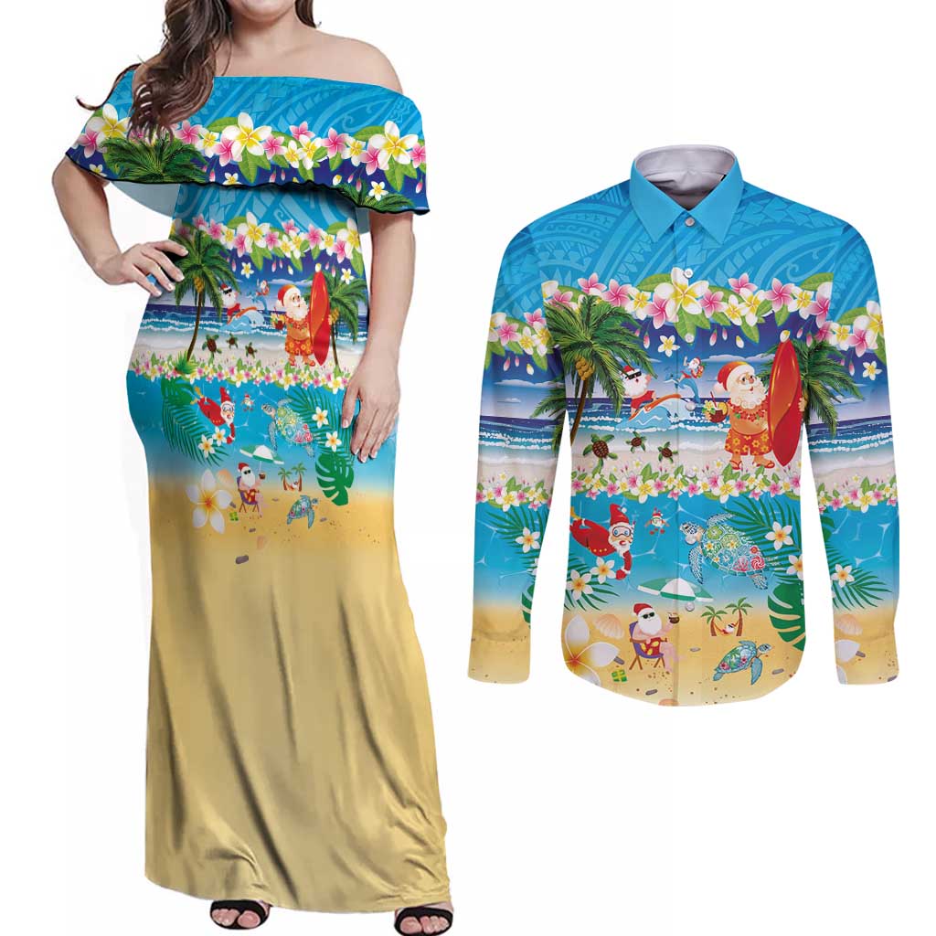 Polynesian Merry Christmas Couples Matching Off Shoulder Maxi Dress and Long Sleeve Button Shirt Funny Santa Beach Tropical Plant and Turtle LT03 Multicolor - Polynesian Pride