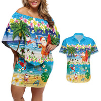 Polynesian Merry Christmas Couples Matching Off Shoulder Short Dress and Hawaiian Shirt Funny Santa Beach Tropical Plant and Turtle - Polynesian Pride
