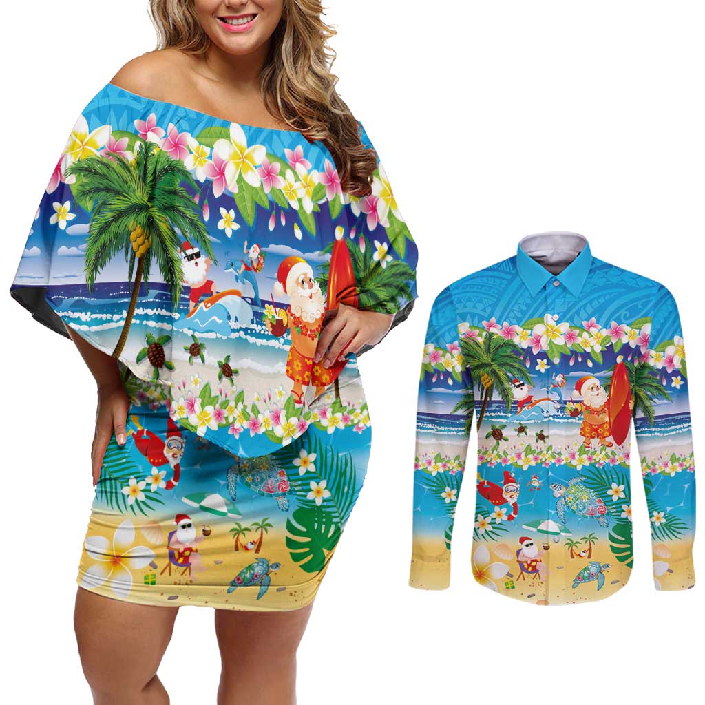 Polynesian Merry Christmas Couples Matching Off Shoulder Short Dress and Long Sleeve Button Shirt Funny Santa Beach Tropical Plant and Turtle LT03 Multicolor - Polynesian Pride