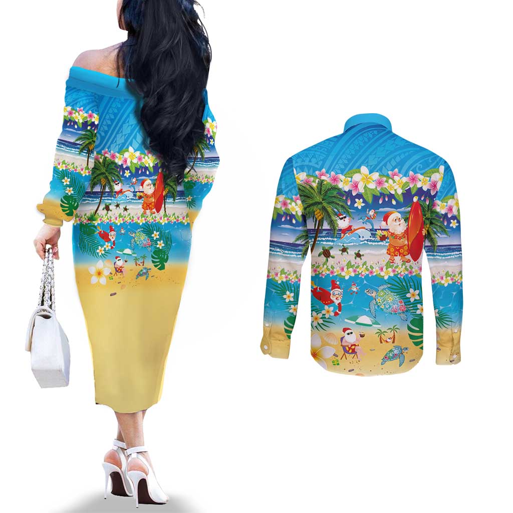 Polynesian Merry Christmas Couples Matching Off The Shoulder Long Sleeve Dress and Long Sleeve Button Shirt Funny Santa Beach Tropical Plant and Turtle - Polynesian Pride