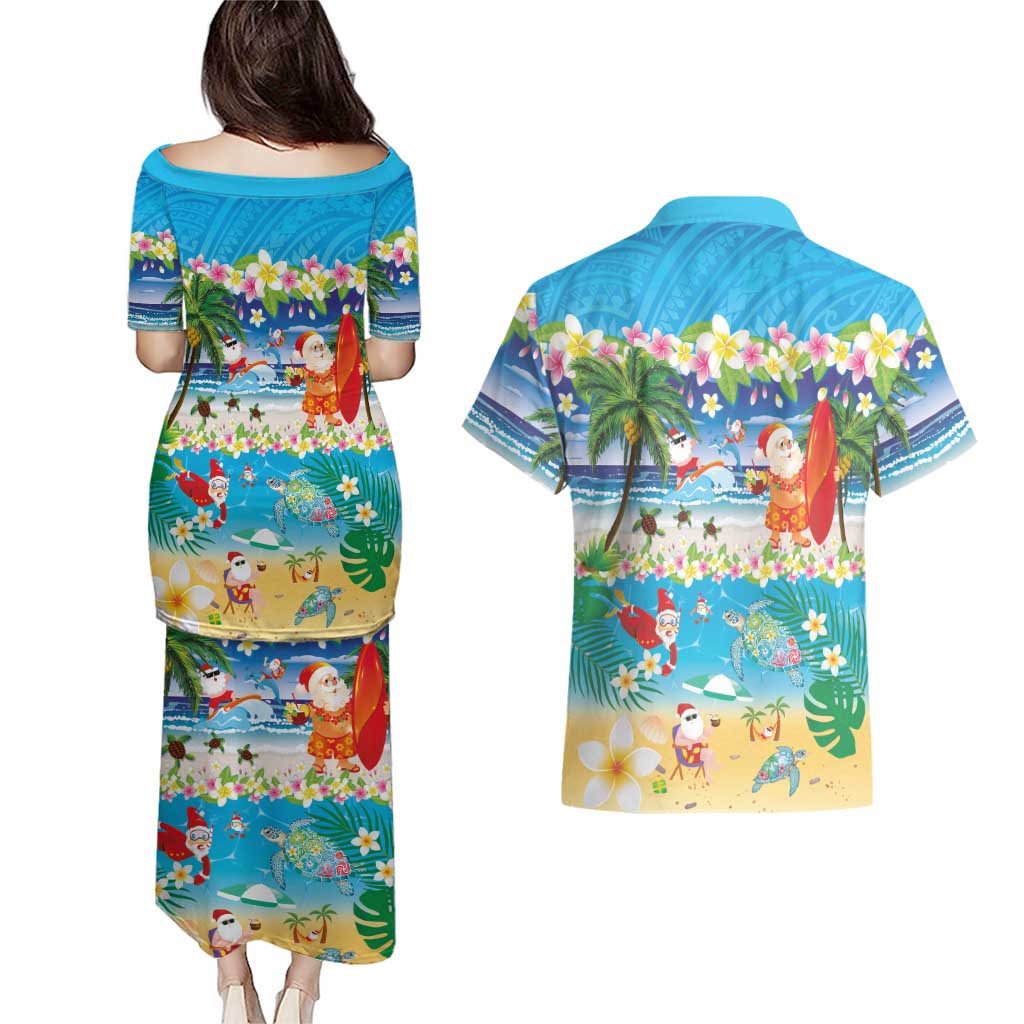 Polynesian Merry Christmas Couples Matching Puletasi and Hawaiian Shirt Funny Santa Beach Tropical Plant and Turtle - Polynesian Pride