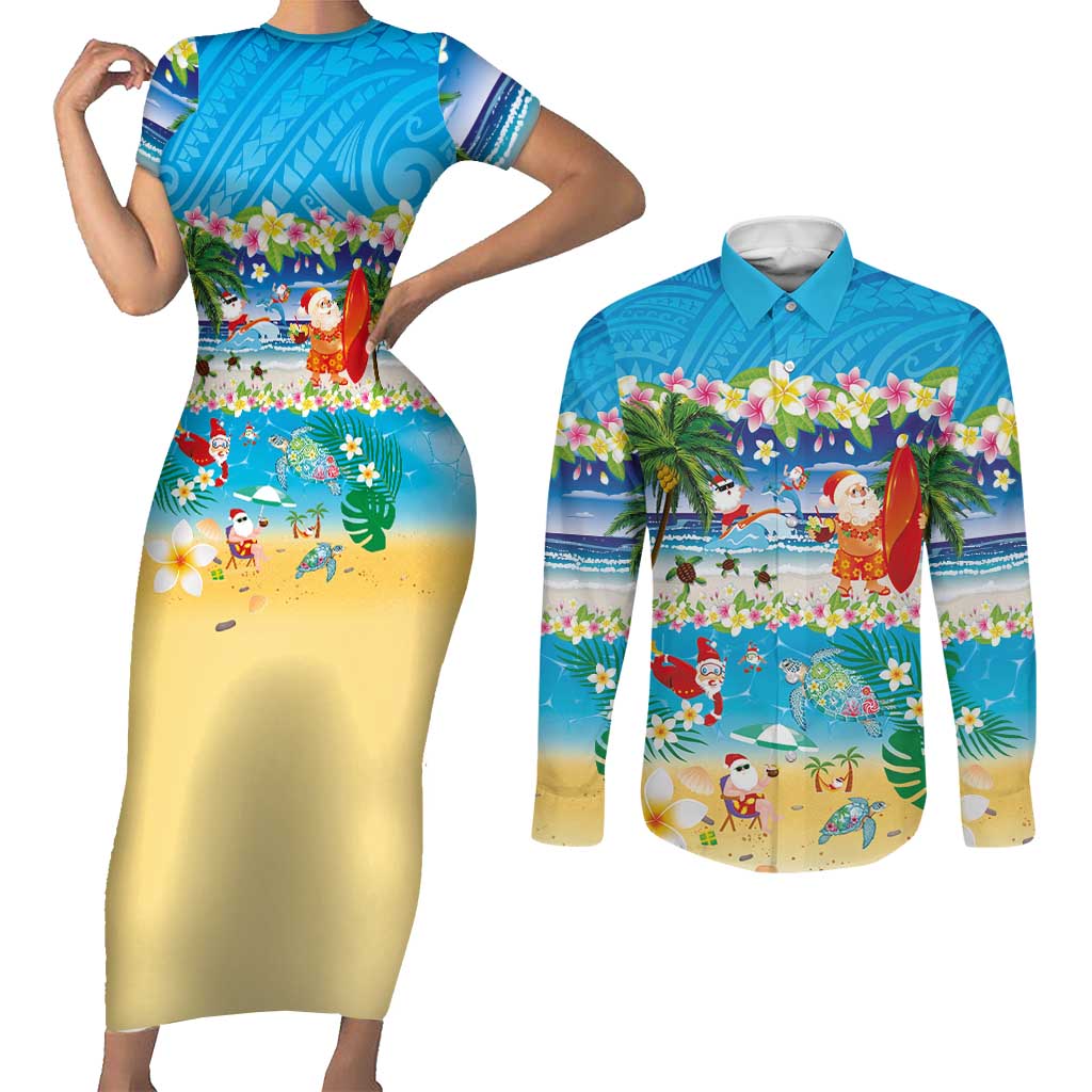 Polynesian Merry Christmas Couples Matching Short Sleeve Bodycon Dress and Long Sleeve Button Shirt Funny Santa Beach Tropical Plant and Turtle - Polynesian Pride