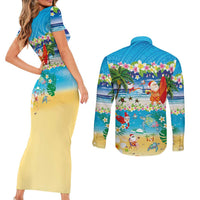 Polynesian Merry Christmas Couples Matching Short Sleeve Bodycon Dress and Long Sleeve Button Shirt Funny Santa Beach Tropical Plant and Turtle - Polynesian Pride