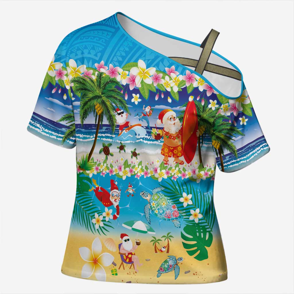 Polynesian Merry Christmas Cross Shoulder Shirt Funny Santa Beach Tropical Plant and Turtle LT03 Female Multicolor - Polynesian Pride