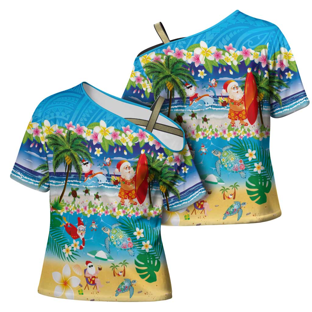 Polynesian Merry Christmas Cross Shoulder Shirt Funny Santa Beach Tropical Plant and Turtle LT03 - Polynesian Pride
