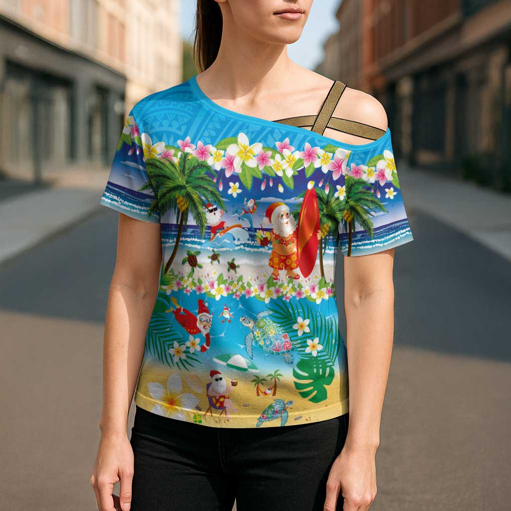 Polynesian Merry Christmas Cross Shoulder Shirt Funny Santa Beach Tropical Plant and Turtle LT03 - Polynesian Pride