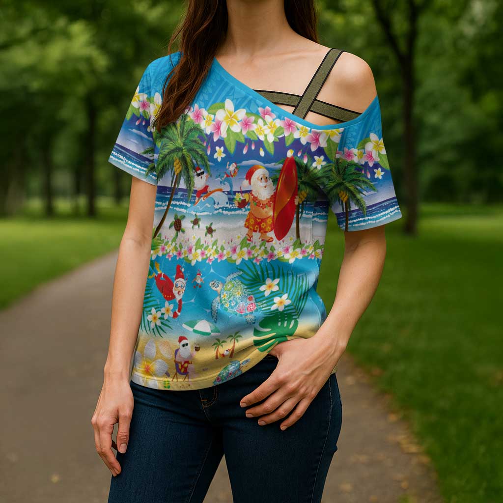 Polynesian Merry Christmas Cross Shoulder Shirt Funny Santa Beach Tropical Plant and Turtle LT03 - Polynesian Pride