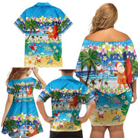 Polynesian Merry Christmas Family Matching Off Shoulder Short Dress and Hawaiian Shirt Funny Santa Beach Tropical Plant and Turtle - Polynesian Pride