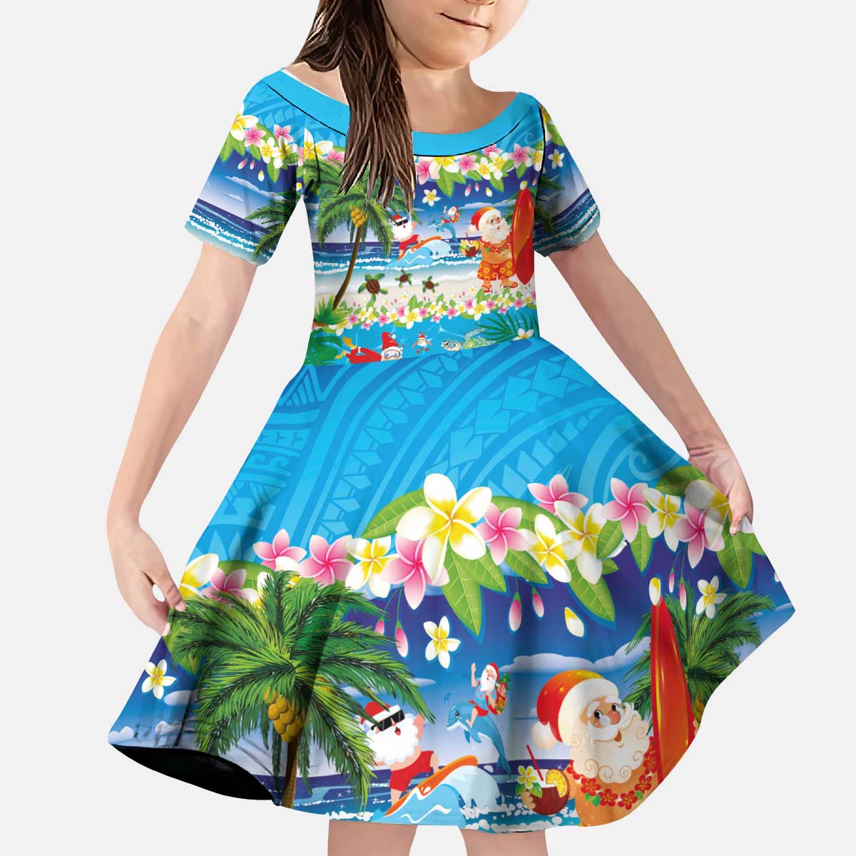Polynesian Merry Christmas Kid Short Sleeve Dress Funny Santa Beach Tropical Plant and Turtle LT03 KID Multicolor - Polynesian Pride