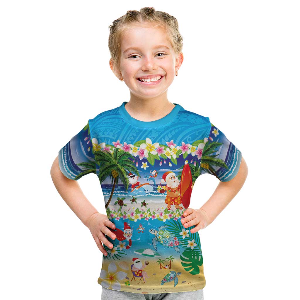 Polynesian Merry Christmas Kid T Shirt Funny Santa Beach Tropical Plant and Turtle LT03 Multicolor - Polynesian Pride