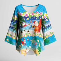 Polynesian Merry Christmas Kimono Sleeve Blouse Funny Santa Beach Tropical Plant and Turtle LT03 Female Multicolor - Polynesian Pride