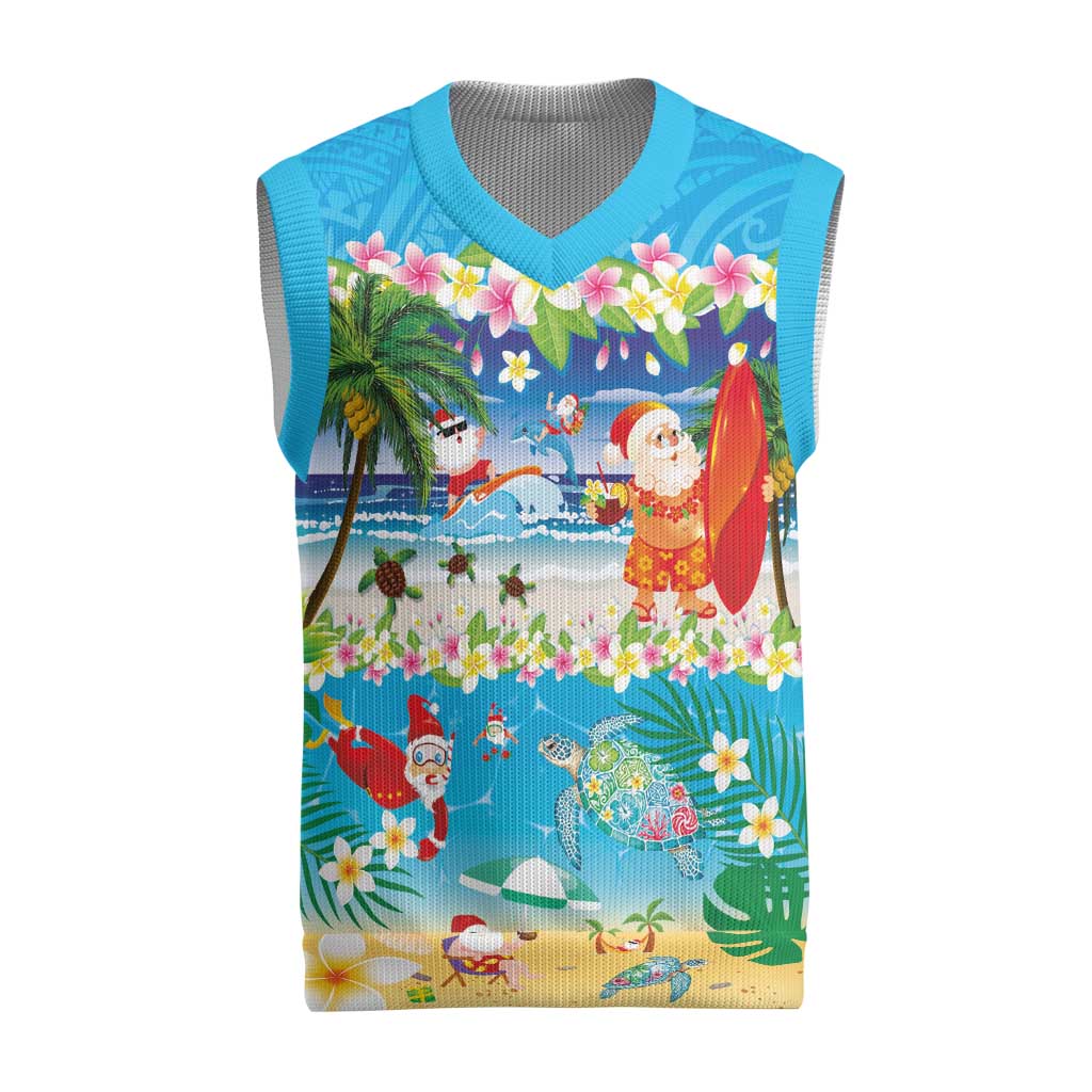 Polynesian Merry Christmas Knitted V-Neck Vest Funny Santa Beach Tropical Plant and Turtle LT03 Multicolor - Polynesian Pride