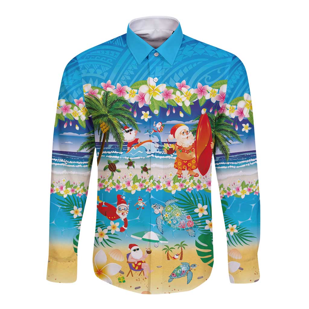 Polynesian Merry Christmas Long Sleeve Button Shirt Funny Santa Beach Tropical Plant and Turtle LT03 Unisex Multicolor - Polynesian Pride