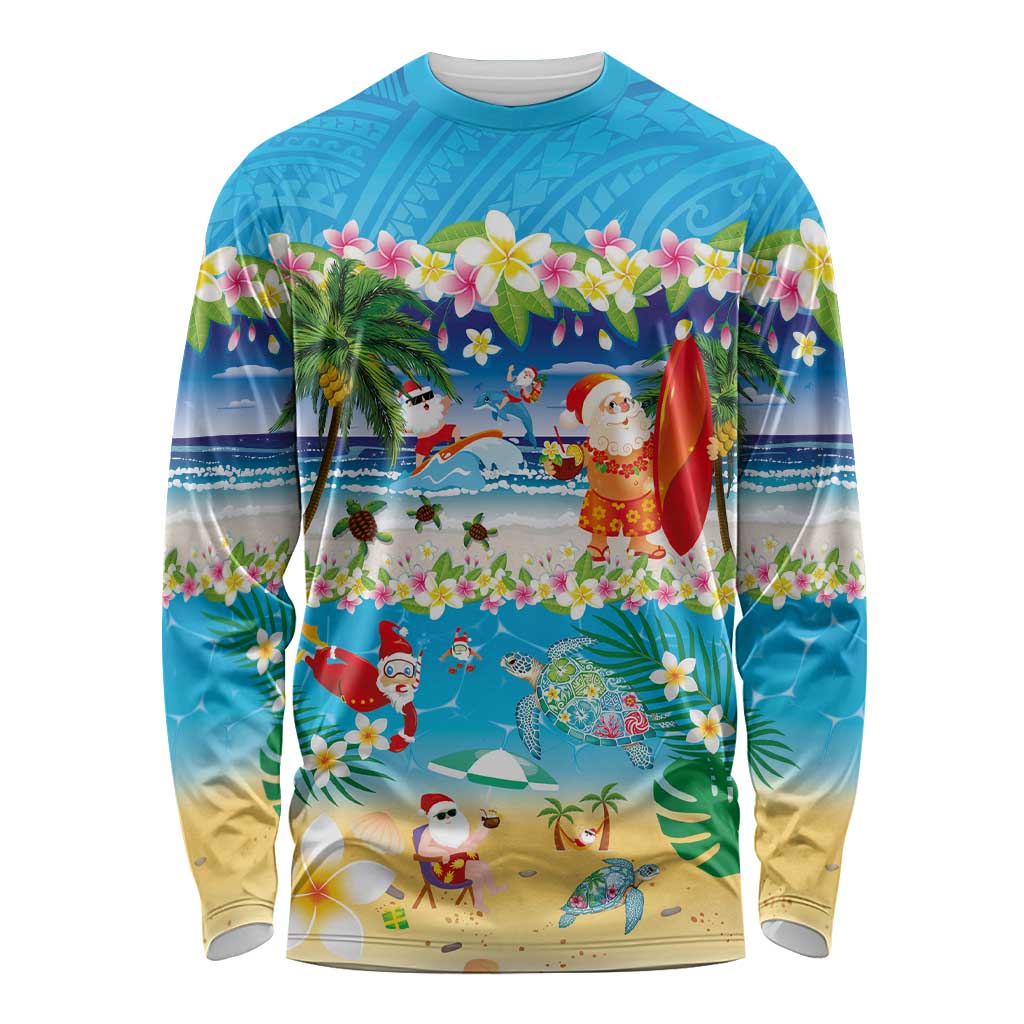 Polynesian Merry Christmas Long Sleeve Shirt Funny Santa Beach Tropical Plant and Turtle LT03 Unisex Multicolor - Polynesian Pride