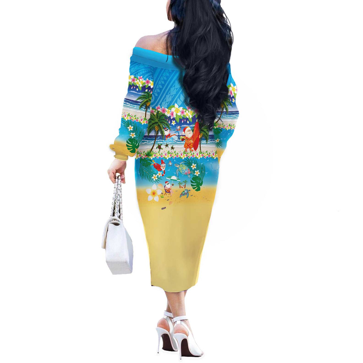 Polynesian Merry Christmas Off The Shoulder Long Sleeve Dress Funny Santa Beach Tropical Plant and Turtle - Polynesian Pride