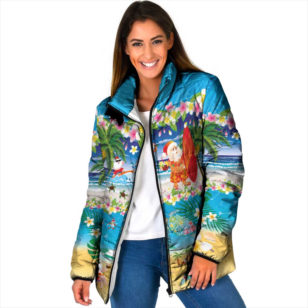 Polynesian Merry Christmas Padded Jacket Funny Santa Beach Tropical Plant and Turtle LT03 Women Multicolor - Polynesian Pride