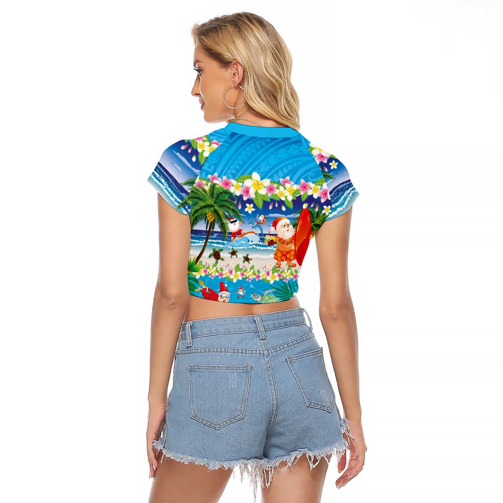 Polynesian Merry Christmas Raglan Cropped T Shirt Funny Santa Beach Tropical Plant and Turtle LT03 - Polynesian Pride