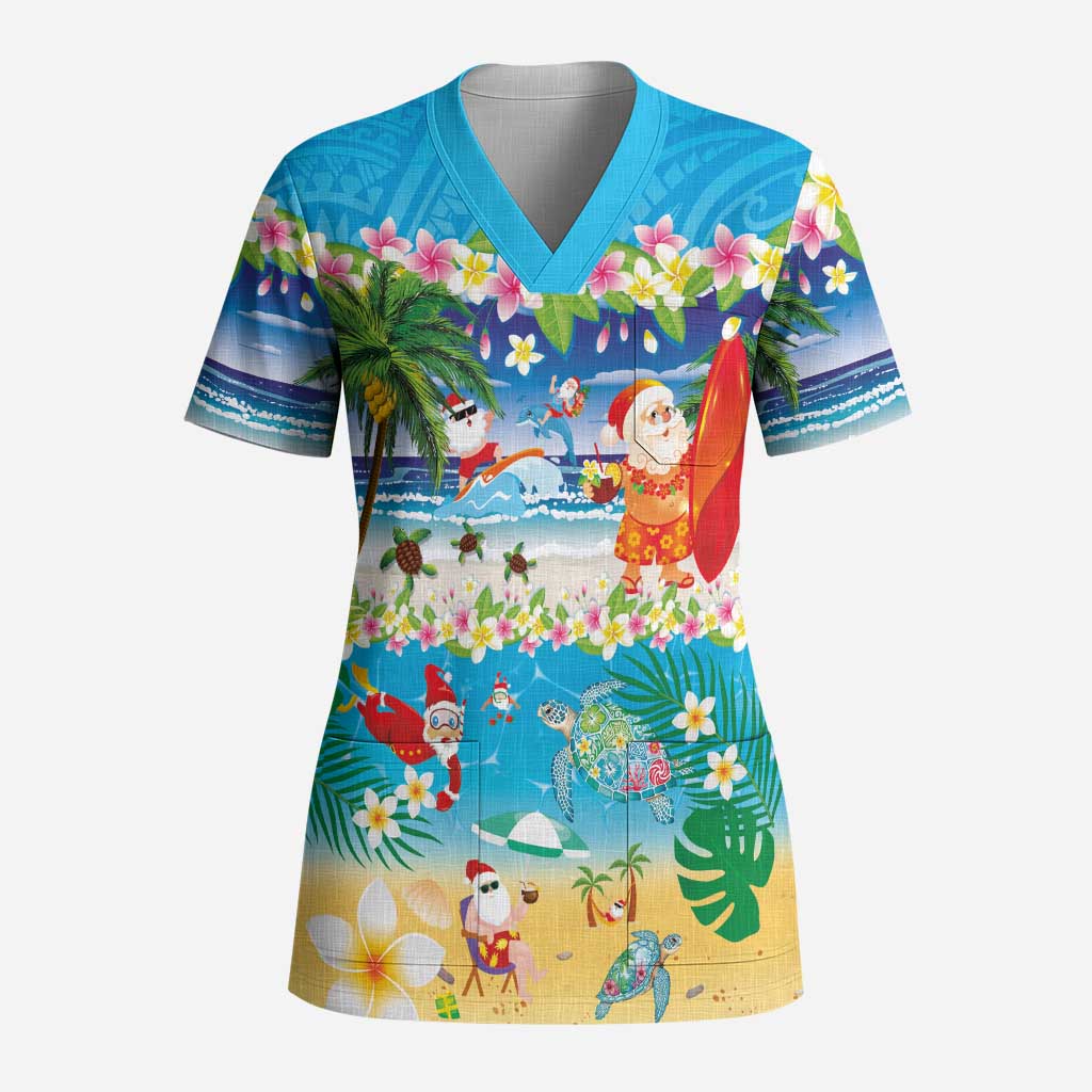Polynesian Merry Christmas Scrub Top Funny Santa Beach Tropical Plant and Turtle LT03 Adult Multicolor - Polynesian Pride