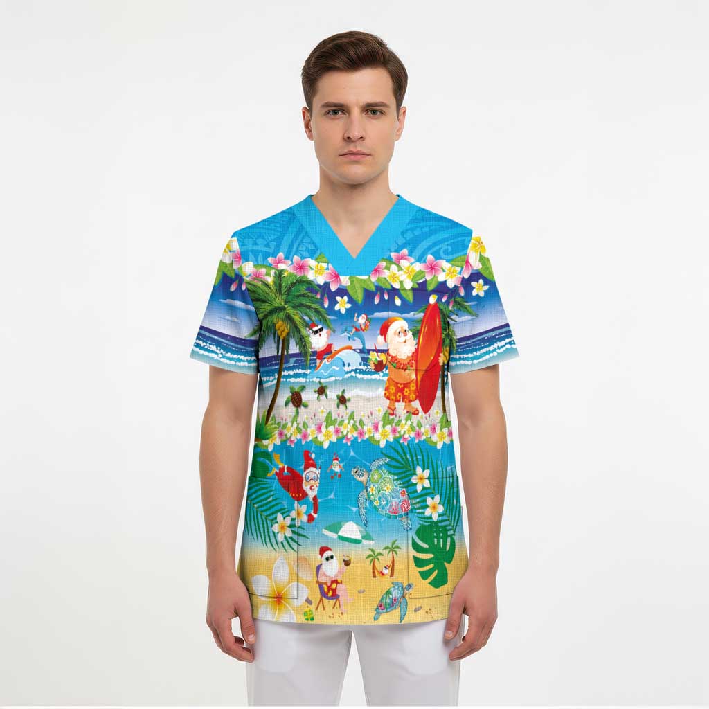 Polynesian Merry Christmas Scrub Top Funny Santa Beach Tropical Plant and Turtle LT03 - Polynesian Pride