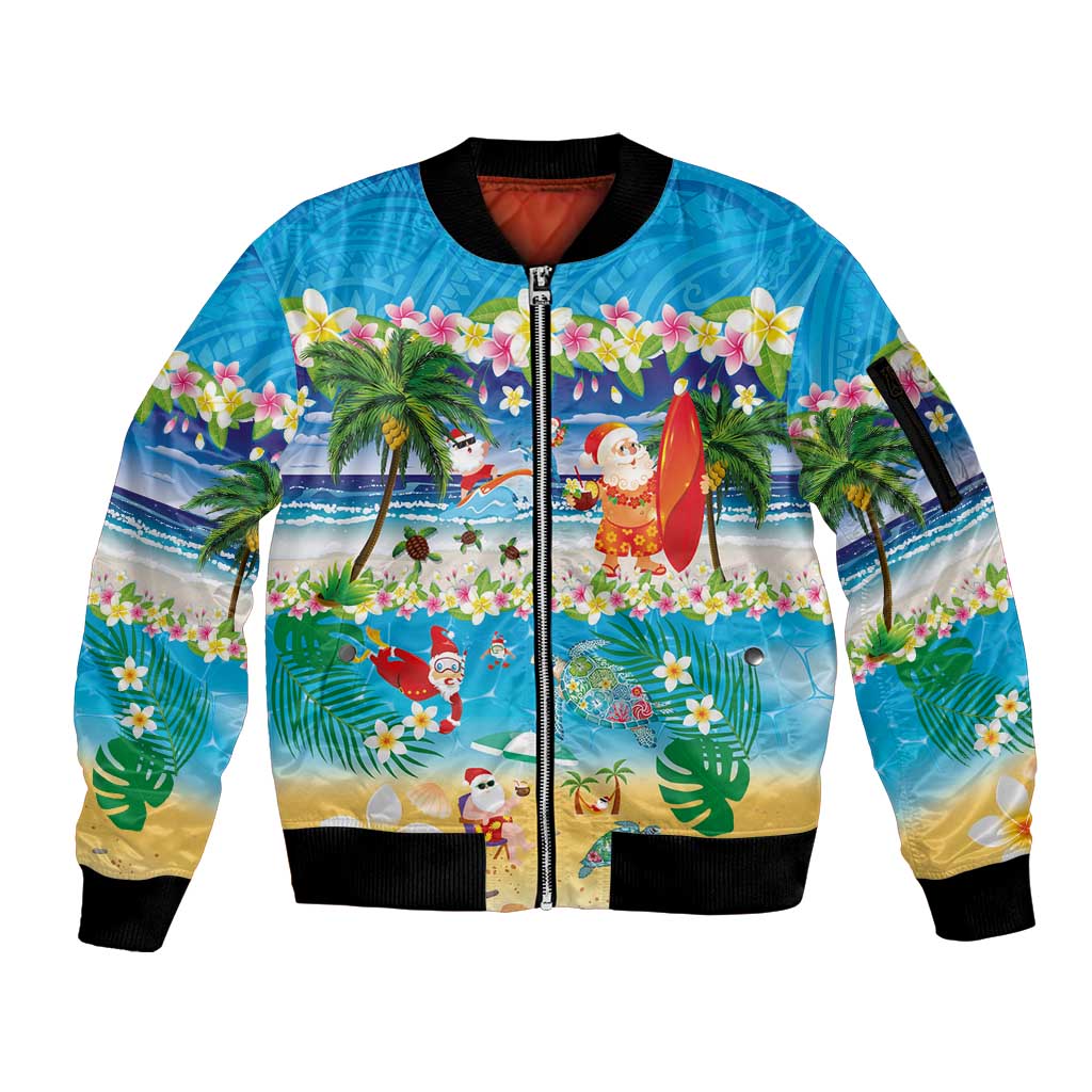 Polynesian Merry Christmas Sleeve Zip Bomber Jacket Funny Santa Beach Tropical Plant and Turtle LT03 Unisex Multicolor - Polynesian Pride