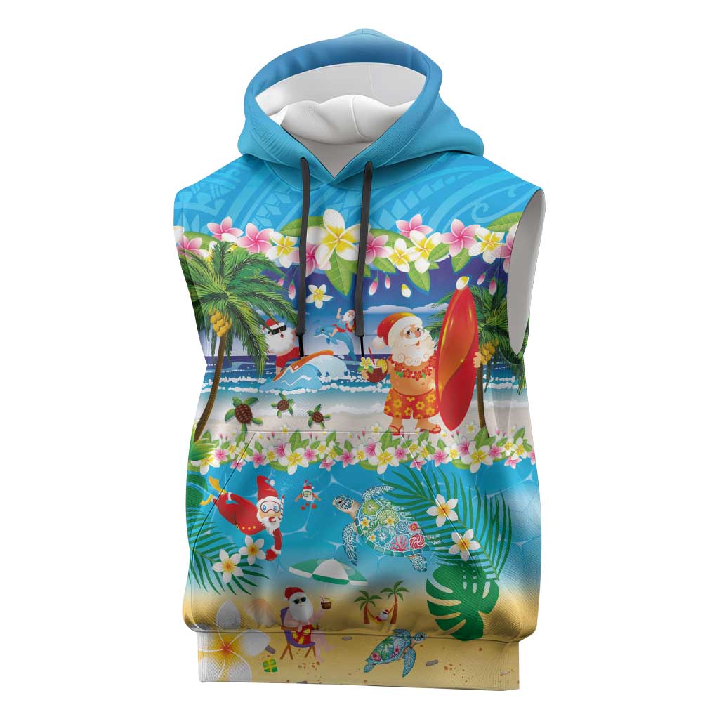 Polynesian Merry Christmas Sleeveless Hoodie Funny Santa Beach Tropical Plant and Turtle LT03 Multicolor - Polynesian Pride