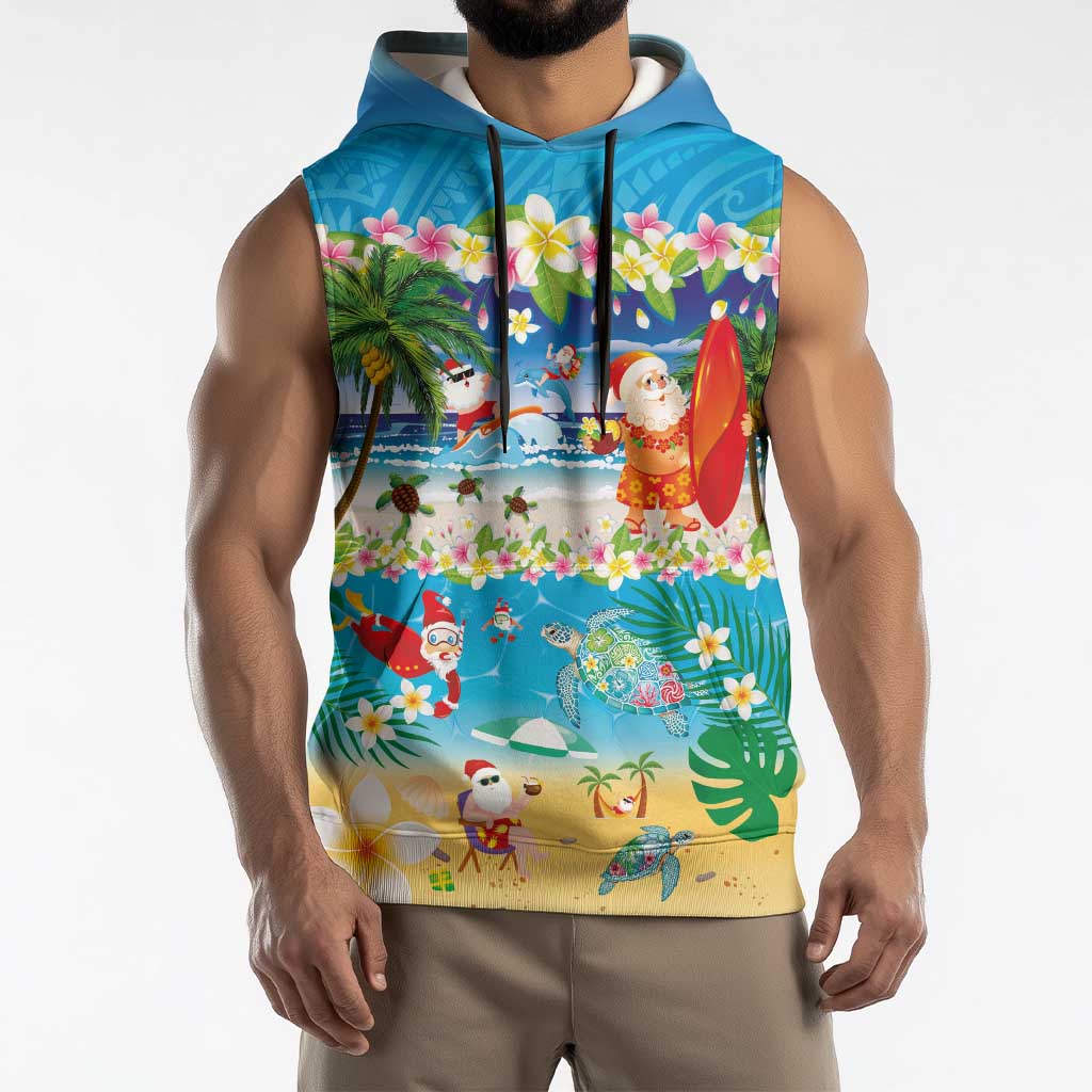Polynesian Merry Christmas Sleeveless Hoodie Funny Santa Beach Tropical Plant and Turtle LT03 - Polynesian Pride