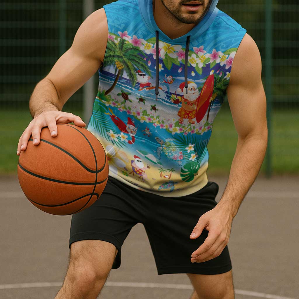 Polynesian Merry Christmas Sleeveless Hoodie Funny Santa Beach Tropical Plant and Turtle LT03 - Polynesian Pride