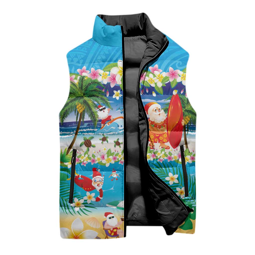Polynesian Merry Christmas Sleeveless Puffer Jacket Funny Santa Beach Tropical Plant and Turtle LT03 - Polynesian Pride