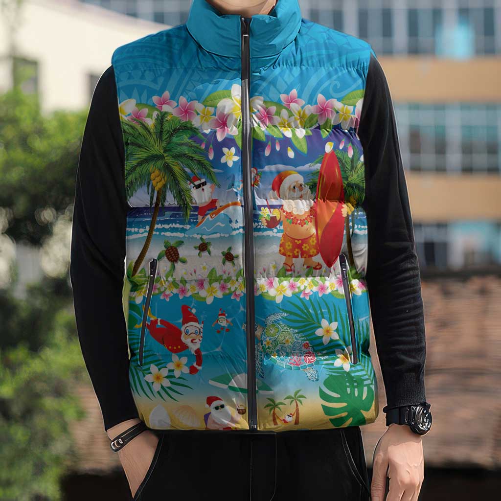 Polynesian Merry Christmas Sleeveless Puffer Jacket Funny Santa Beach Tropical Plant and Turtle LT03 - Polynesian Pride