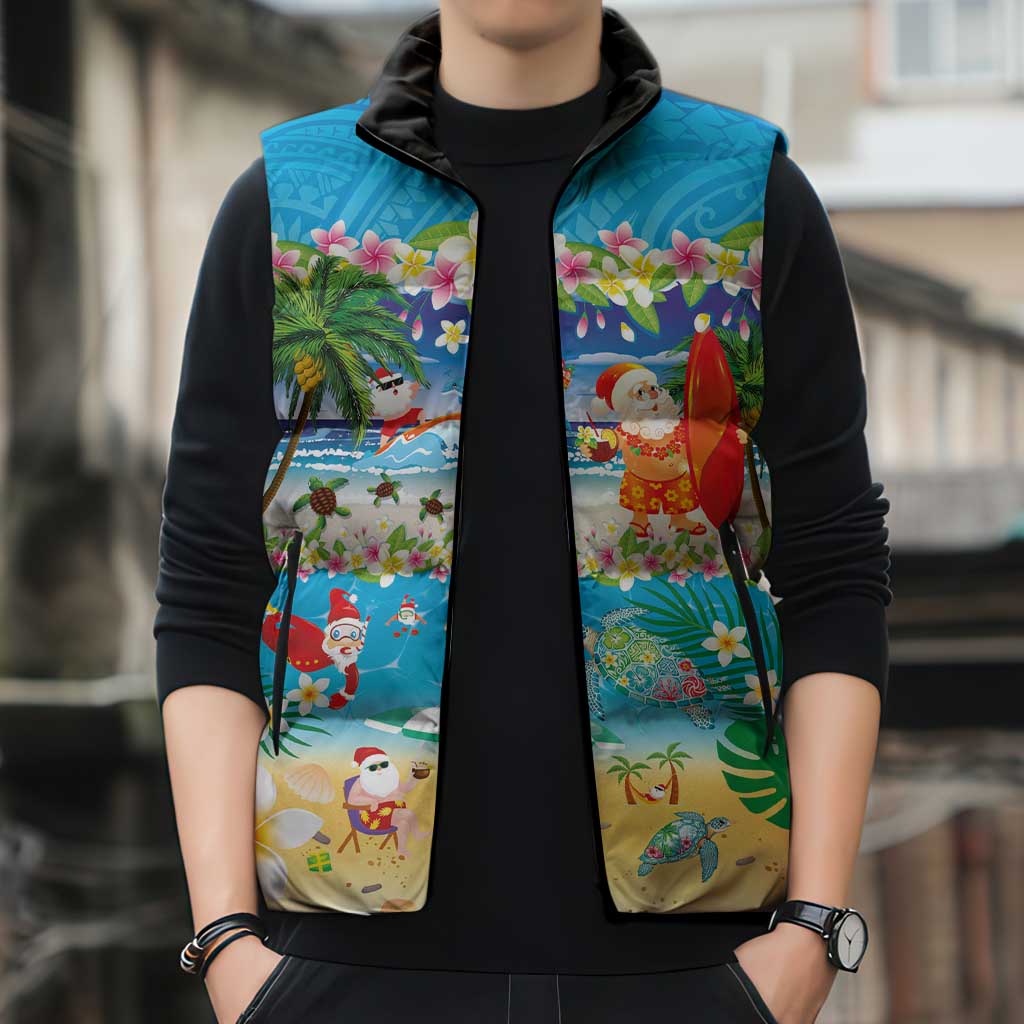 Polynesian Merry Christmas Sleeveless Puffer Jacket Funny Santa Beach Tropical Plant and Turtle LT03 - Polynesian Pride