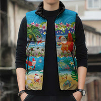Polynesian Merry Christmas Sleeveless Puffer Jacket Funny Santa Beach Tropical Plant and Turtle LT03 - Polynesian Pride