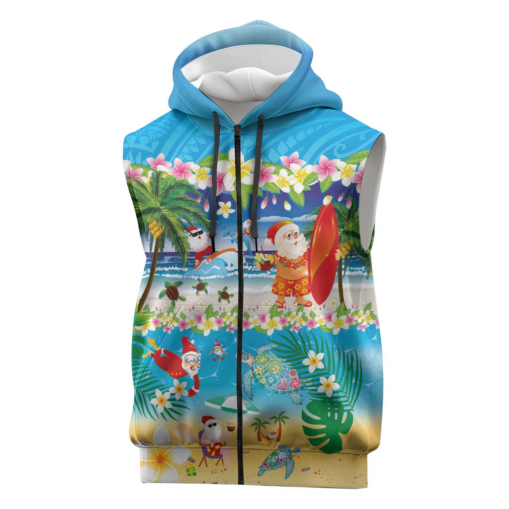 Polynesian Merry Christmas Sleeveless Zip Hoodie Funny Santa Beach Tropical Plant and Turtle LT03 Multicolor - Polynesian Pride