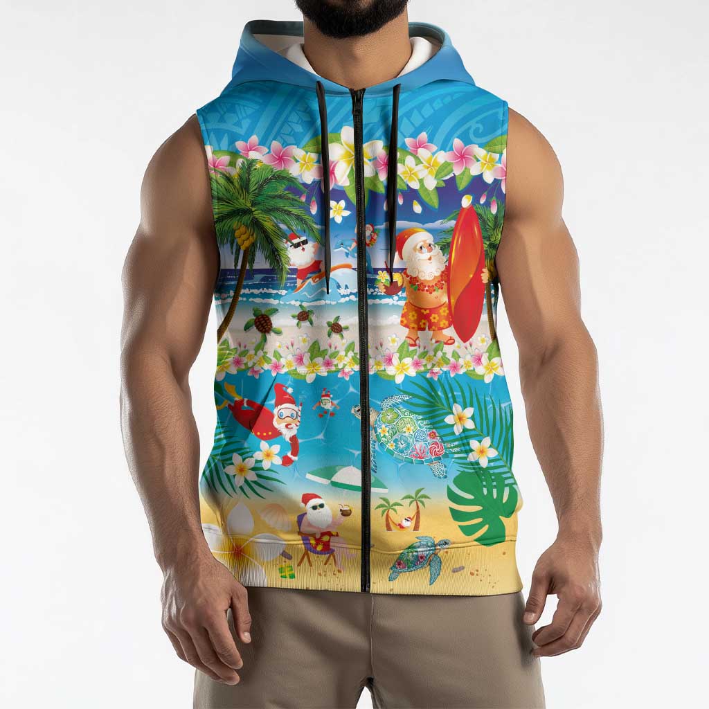 Polynesian Merry Christmas Sleeveless Zip Hoodie Funny Santa Beach Tropical Plant and Turtle LT03 - Polynesian Pride