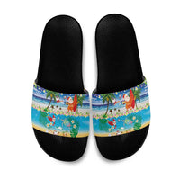 Polynesian Merry Christmas Slide Sandals Funny Santa Beach Tropical Plant and Turtle - Polynesian Pride