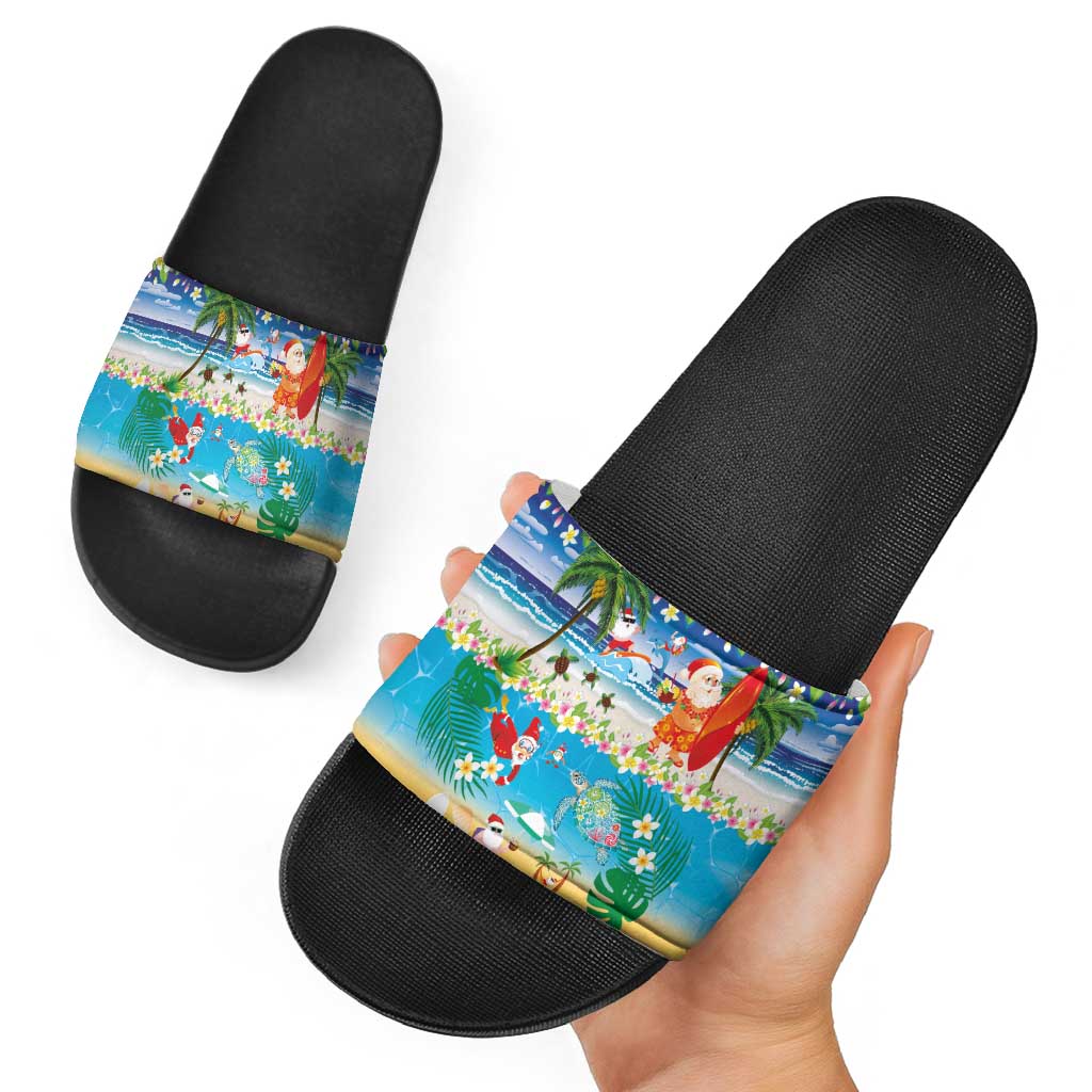 Polynesian Merry Christmas Slide Sandals Funny Santa Beach Tropical Plant and Turtle - Polynesian Pride