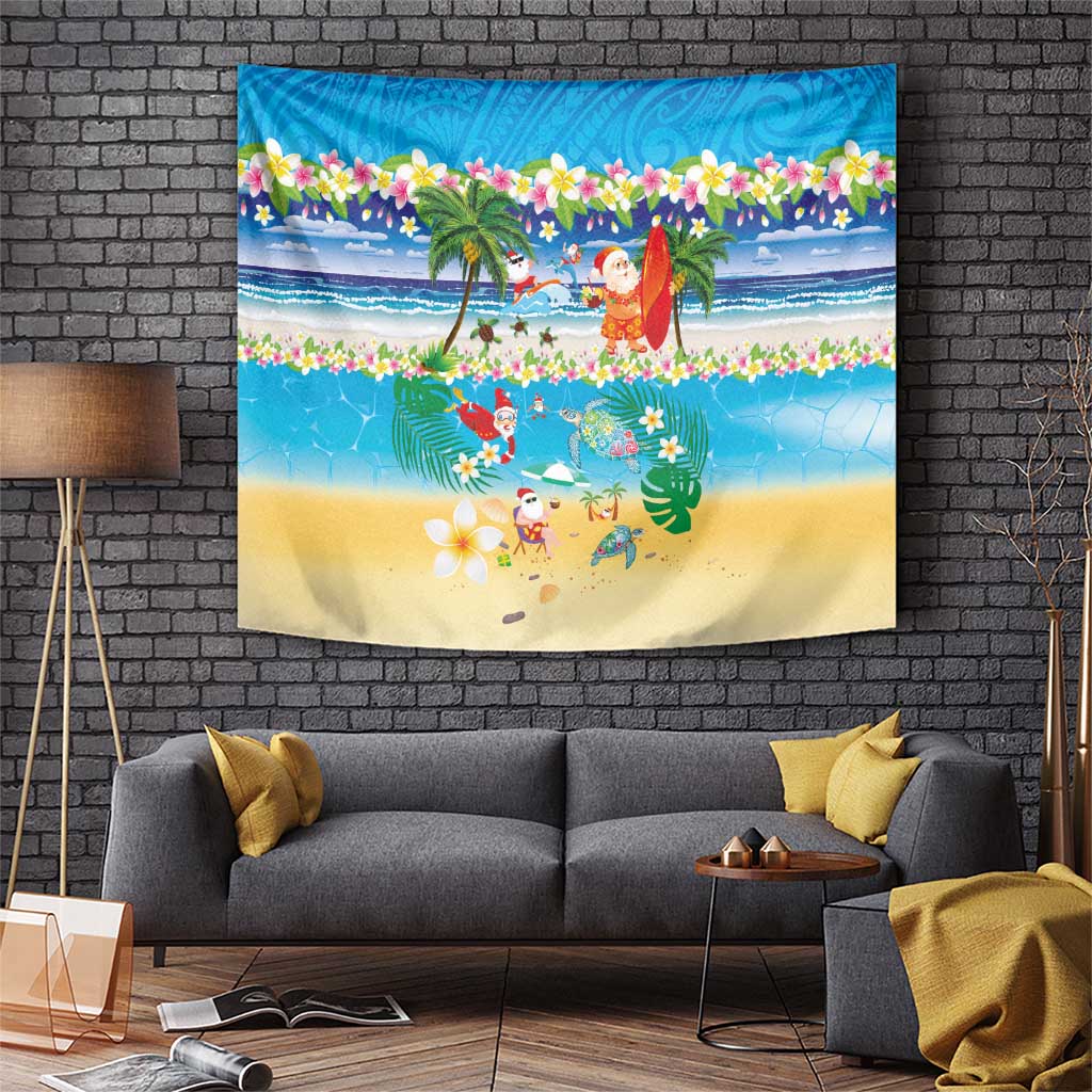 Polynesian Merry Christmas Tapestry Funny Santa Beach Tropical Plant and Turtle - Polynesian Pride
