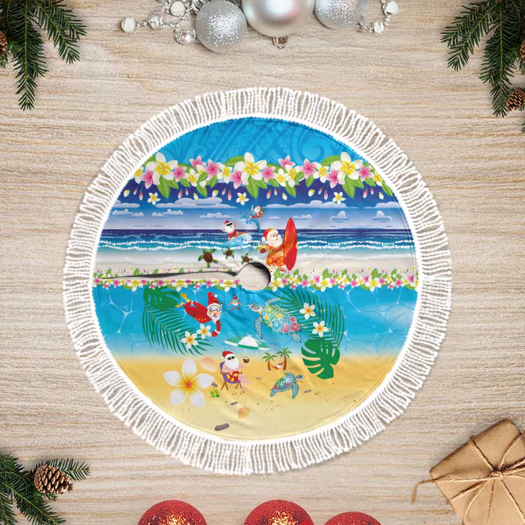 Polynesian Merry Christmas Tree Skirt Funny Santa Beach Tropical Plant and Turtle LT03 Fringed Multicolor - Polynesian Pride