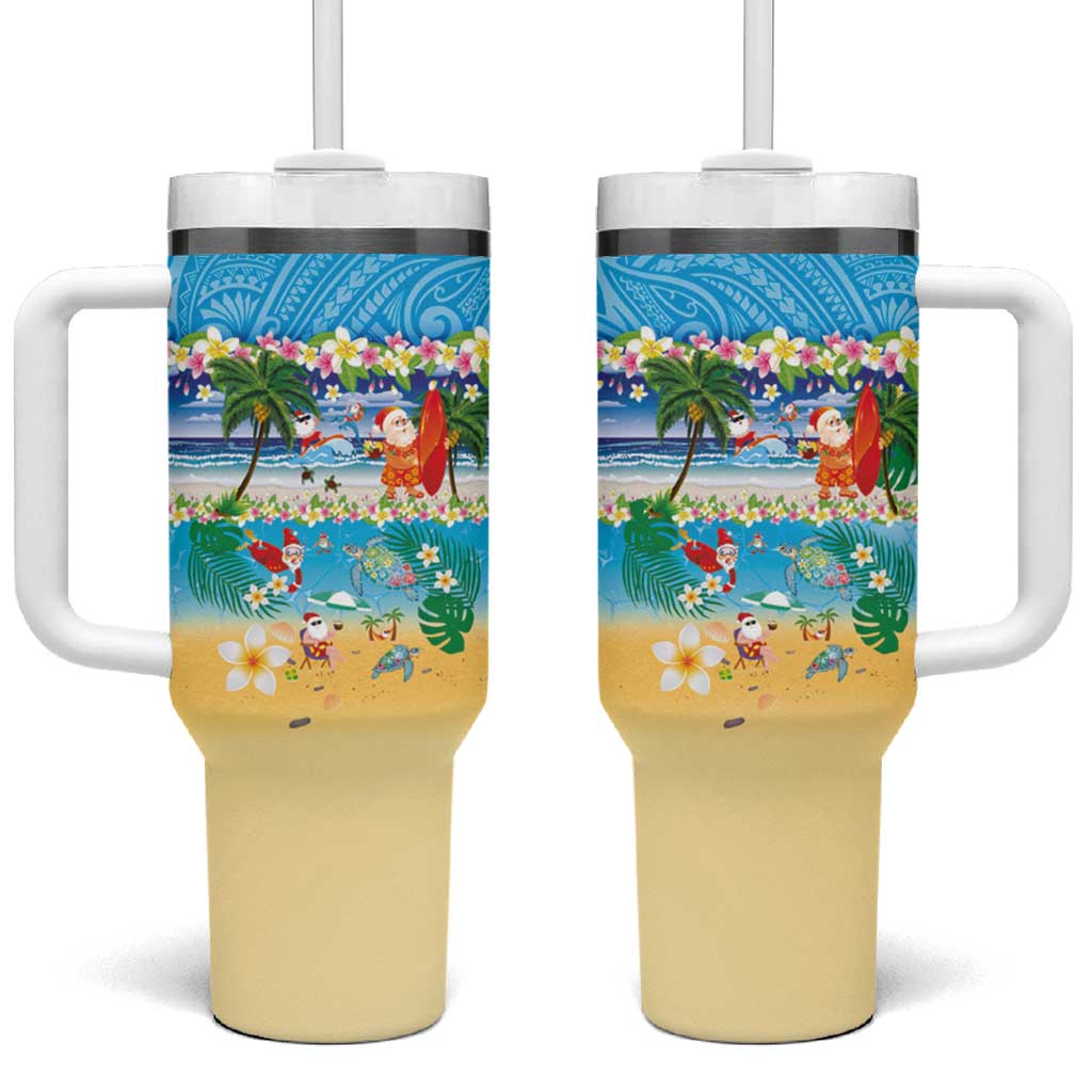Polynesian Merry Christmas Tumbler With Handle Funny Santa Beach Tropical Plant and Turtle - Polynesian Pride