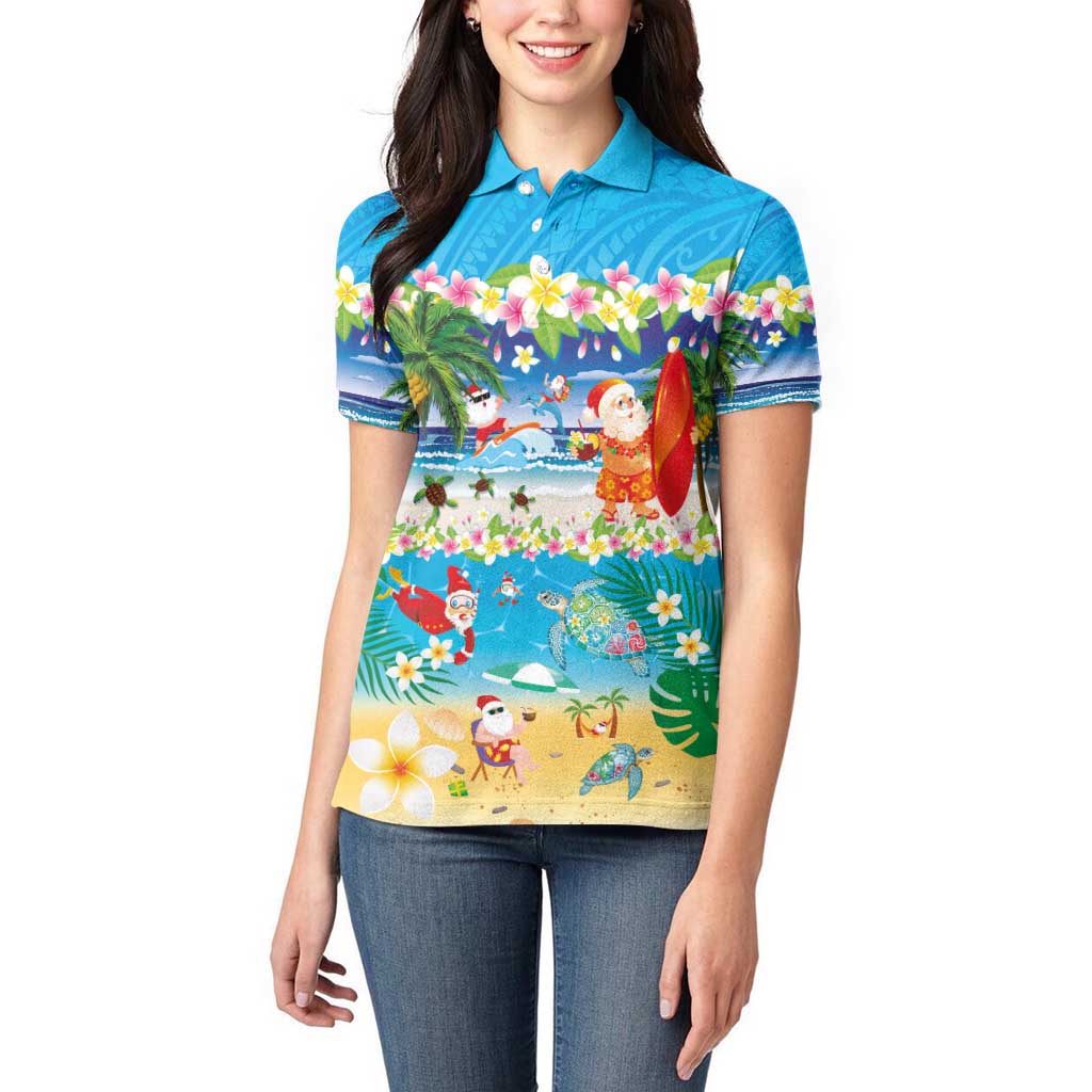 Polynesian Merry Christmas Women Polo Shirt Funny Santa Beach Tropical Plant and Turtle - Polynesian Pride