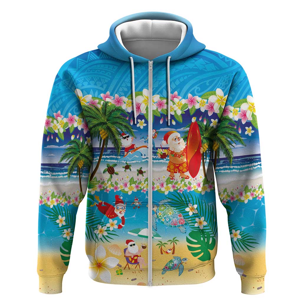 Polynesian Merry Christmas Zip Hoodie Funny Santa Beach Tropical Plant and Turtle LT03 Zip Hoodie Multicolor - Polynesian Pride