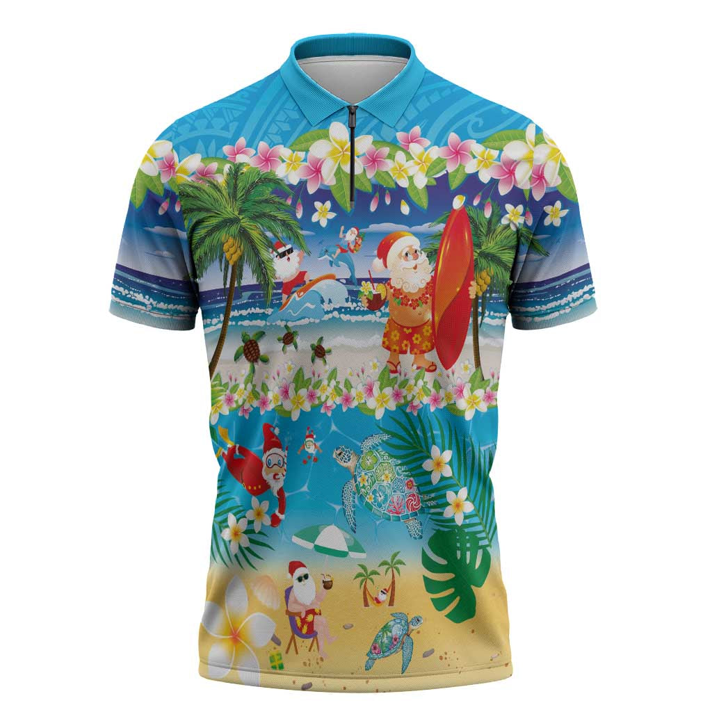 Polynesian Merry Christmas Zipper Polo Shirt Funny Santa Beach Tropical Plant and Turtle LT03 Multicolor - Polynesian Pride