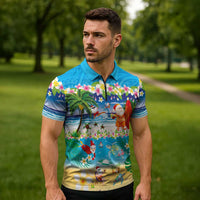 Polynesian Merry Christmas Zipper Polo Shirt Funny Santa Beach Tropical Plant and Turtle LT03 - Polynesian Pride