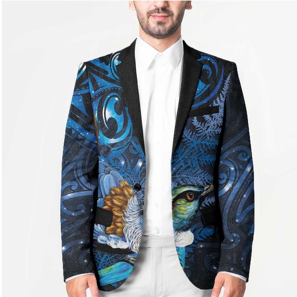Aotearoa Matariki Blazer Maori Tribal with Silver Fern and Tui Bird Galaxy Style - Polynesian Pride