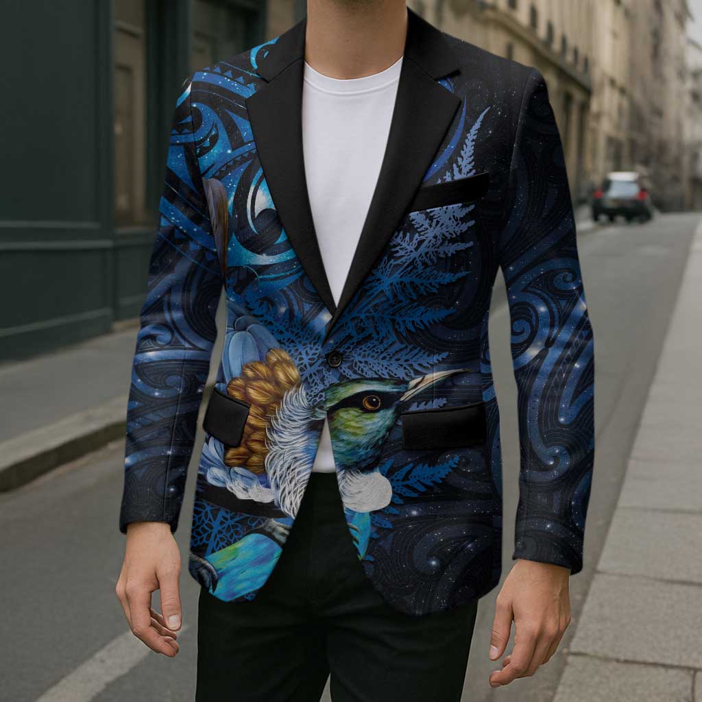 Aotearoa Matariki Blazer Maori Tribal with Silver Fern and Tui Bird Galaxy Style - Polynesian Pride