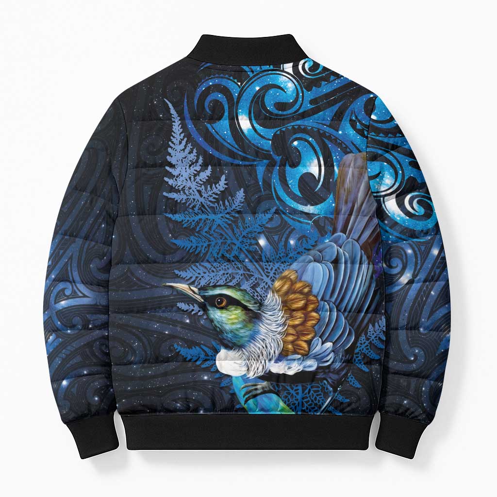 Aotearoa Matariki Bomber Puffer Jacket Maori Tribal with Silver Fern and Tui Bird Galaxy Style - Polynesian Pride