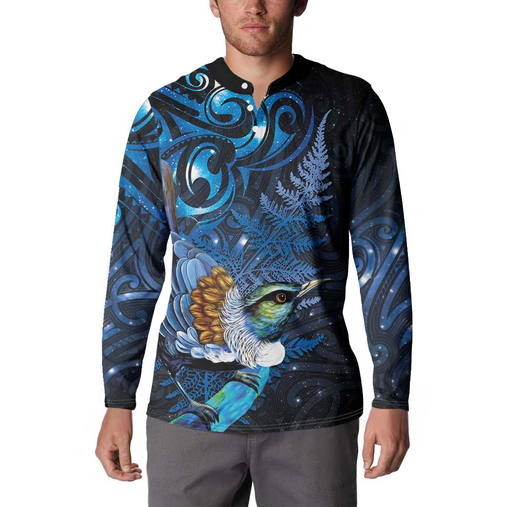 Aotearoa Matariki Button Sweatshirt Maori Tribal with Silver Fern and Tui Bird Galaxy Style - Polynesian Pride