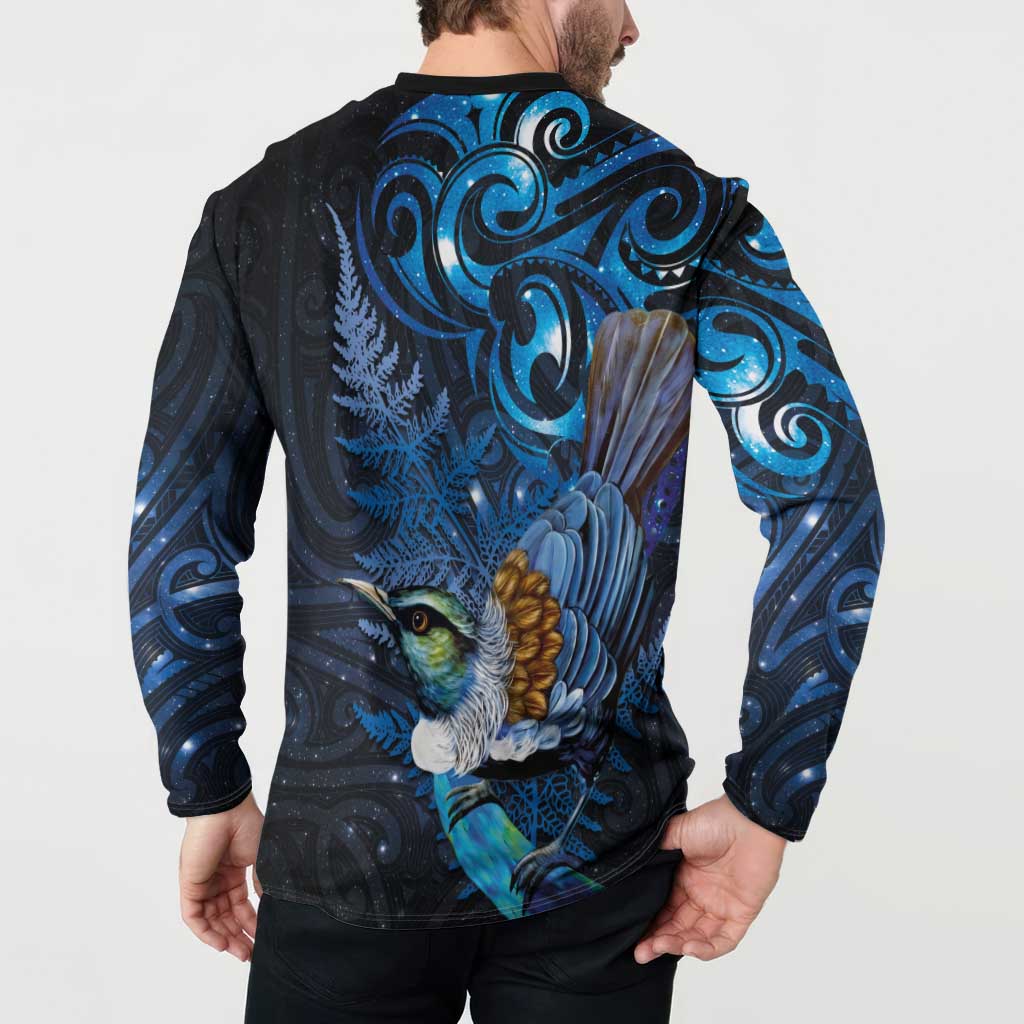 Aotearoa Matariki Button Sweatshirt Maori Tribal with Silver Fern and Tui Bird Galaxy Style - Polynesian Pride