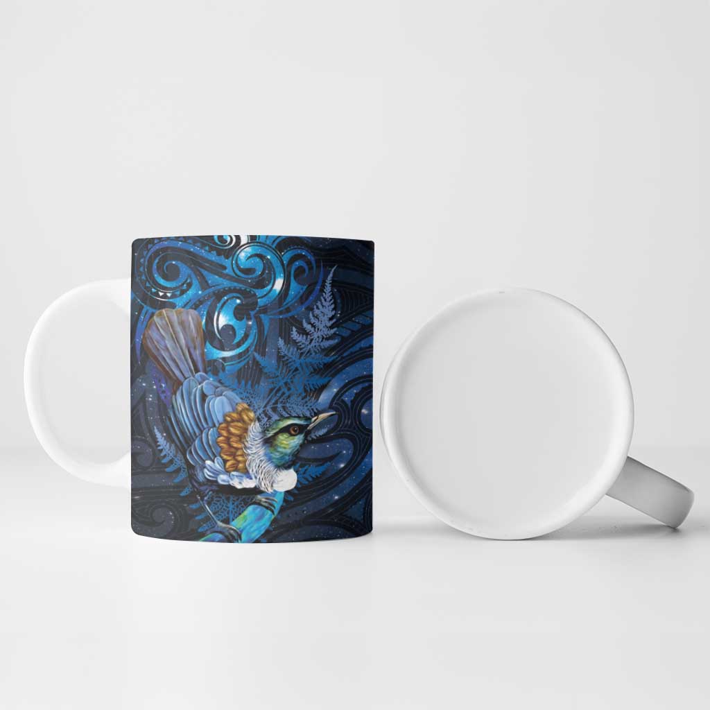 Aotearoa Matariki Ceramic Mug Maori Tribal with Silver Fern and Tui Bird Galaxy Style - Polynesian Pride