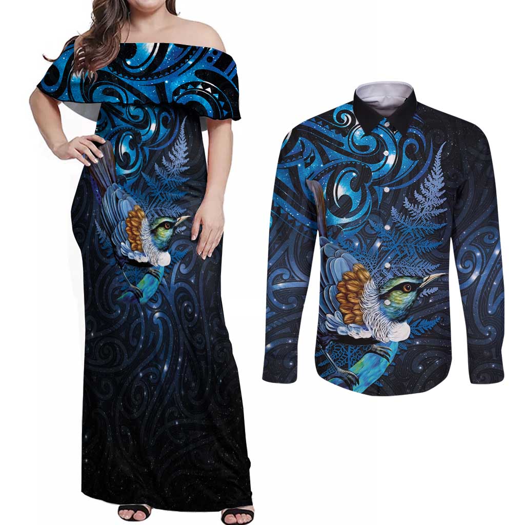 Aotearoa Matariki Couples Matching Off Shoulder Maxi Dress and Long Sleeve Button Shirt Maori Tribal with Silver Fern and Tui Bird Galaxy Style - Polynesian Pride